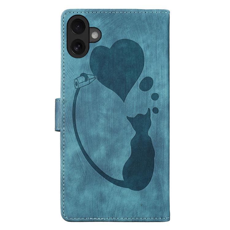 For iPhone 17 Pen Heart Cat Embossed Leather Phone Case
