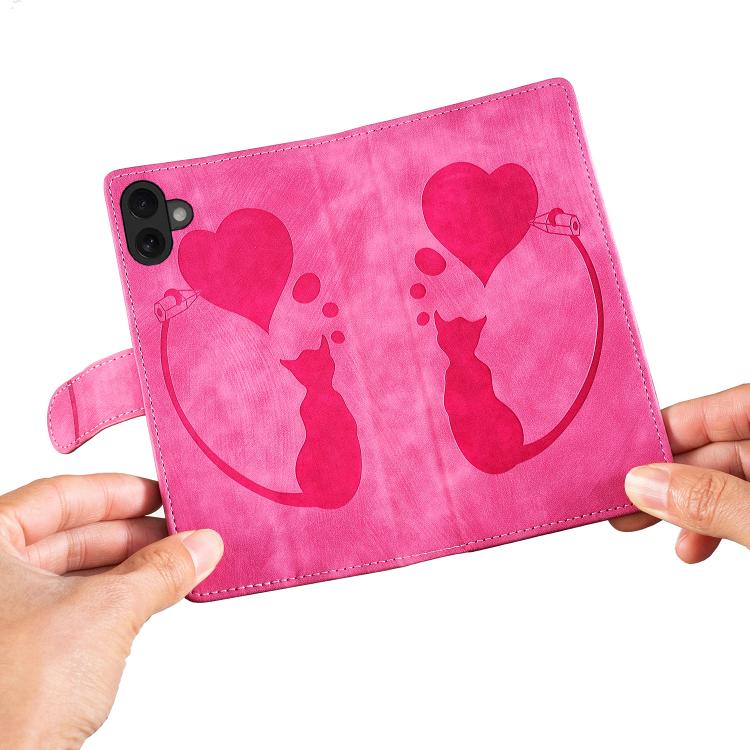 For iPhone 17 Pen Heart Cat Embossed Leather Phone Case