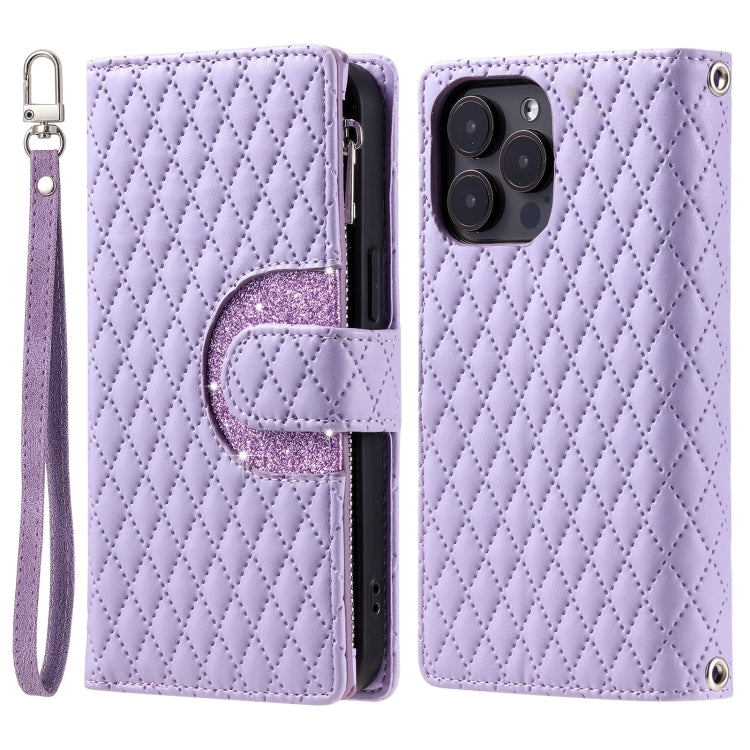 For iPhone 16 Pro Max Glitter Lattice Zipper Wallet Leather Phone Case