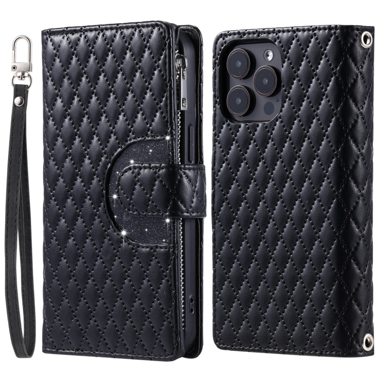 For iPhone 16 Pro Glitter Lattice Zipper Wallet Leather Phone Case