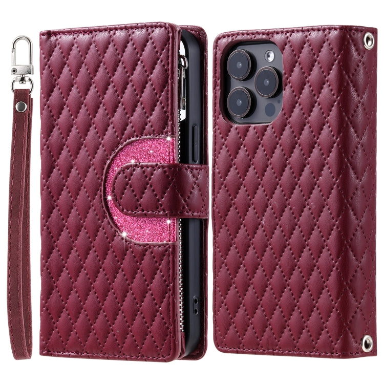 For iPhone 16 Pro Glitter Lattice Zipper Wallet Leather Phone Case