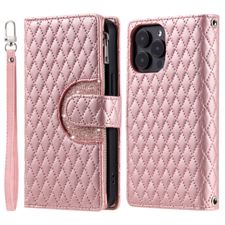 For iPhone 16 Pro Glitter Lattice Zipper Wallet Leather Phone Case