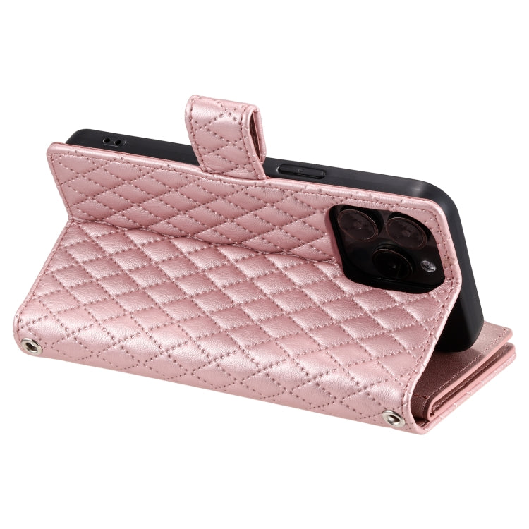 For iPhone 16 Pro Glitter Lattice Zipper Wallet Leather Phone Case