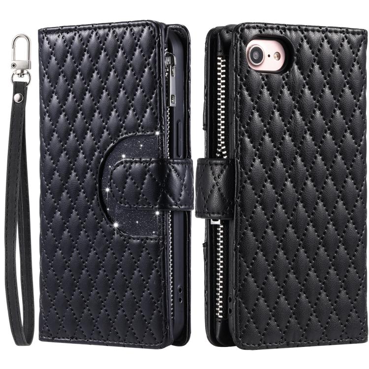 For iPhone 16e / 17e Glitter Lattice Zipper Wallet Leather Phone Case