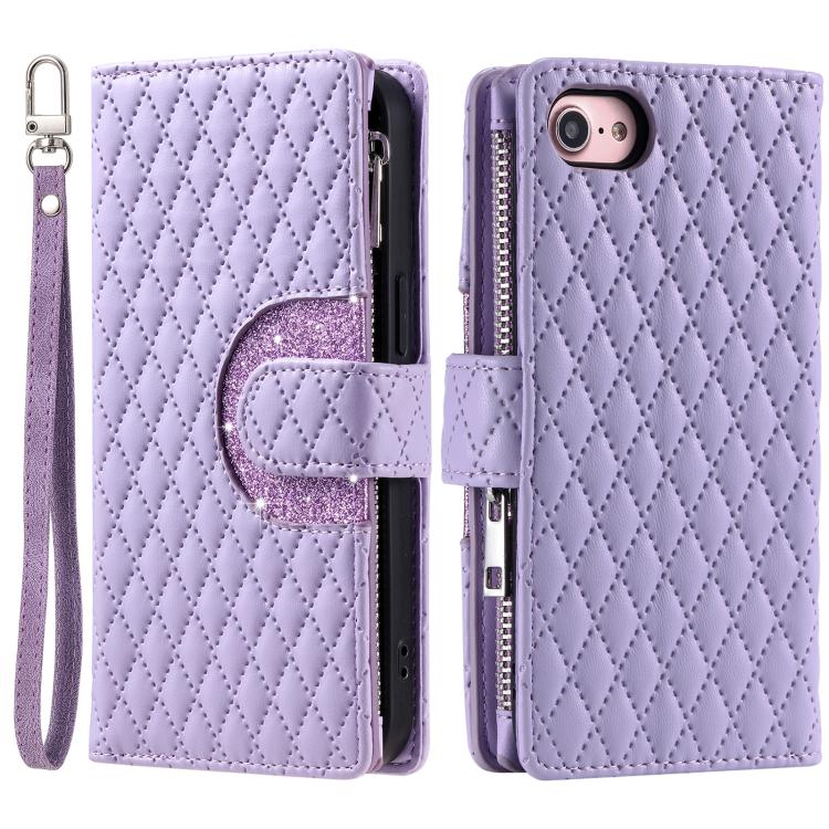 For iPhone 16e / 17e Glitter Lattice Zipper Wallet Leather Phone Case