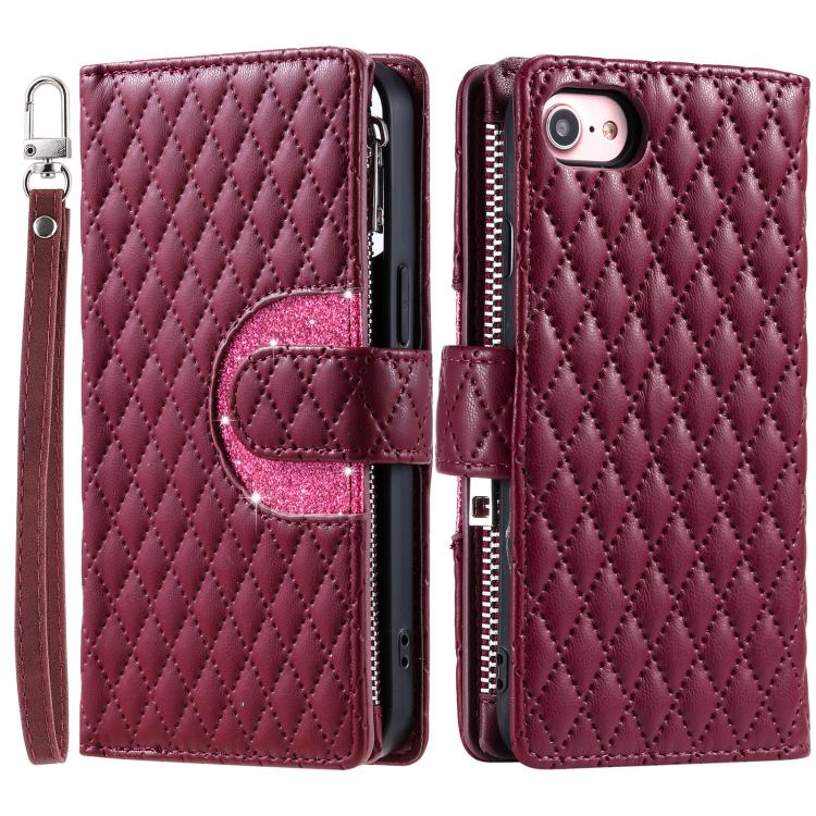 For iPhone 16e / 17e Glitter Lattice Zipper Wallet Leather Phone Case