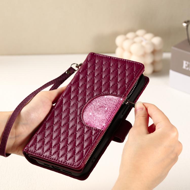 For iPhone 16e / 17e Glitter Lattice Zipper Wallet Leather Phone Case