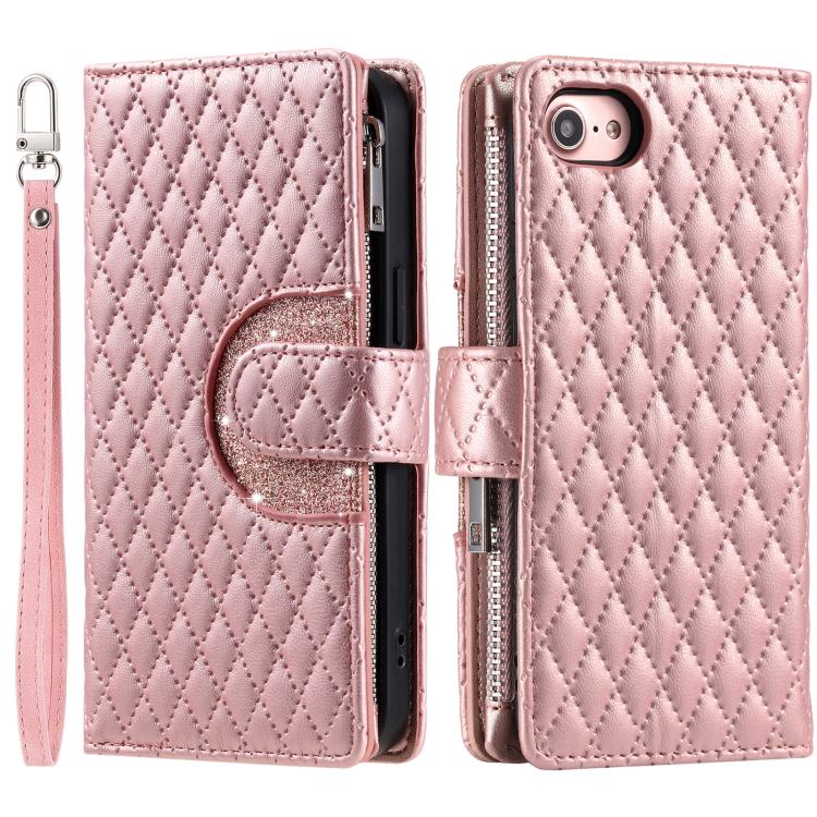 For iPhone 16e / 17e Glitter Lattice Zipper Wallet Leather Phone Case