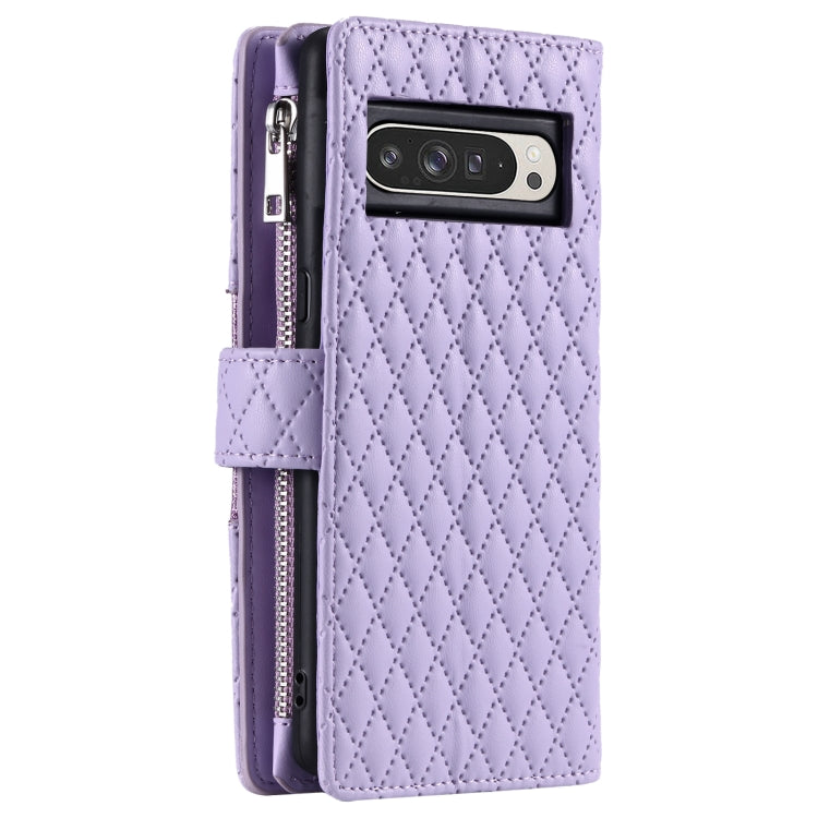 For Google Pixel 9 Pro XL Glitter Lattice Zipper Wallet Leather Phone Case