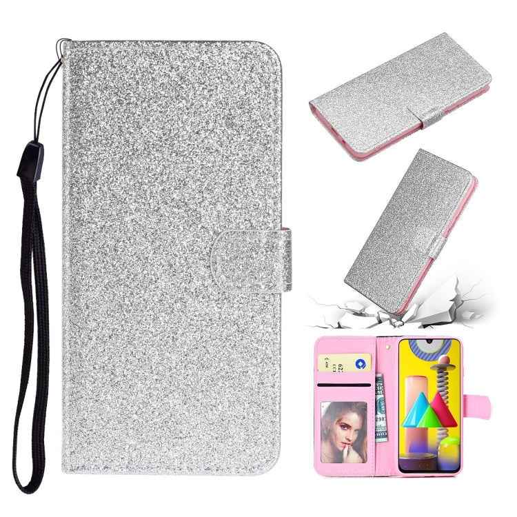 For Samsung Galaxy A21s Glitter Powder Horizontal Flip Leather Case with Card Slots & Holder & Photo Frame & Wallet & Lanyard