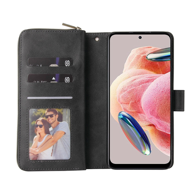For Redmi Note 12 4G Global 9-Card Slots Zipper Wallet Bag Leather Phone Case