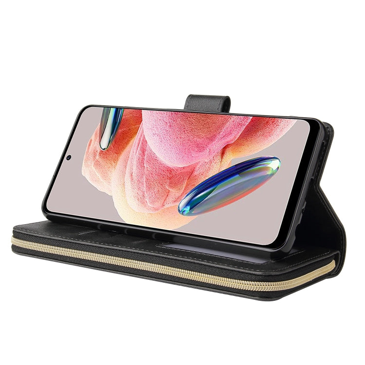 For Redmi Note 12 4G Global 9-Card Slots Zipper Wallet Bag Leather Phone Case