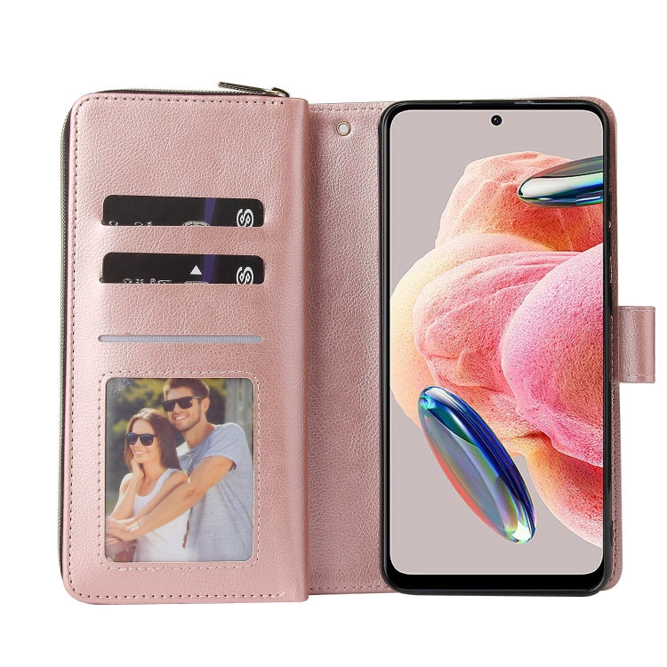 For Redmi Note 12 4G Global 9-Card Slots Zipper Wallet Bag Leather Phone Case