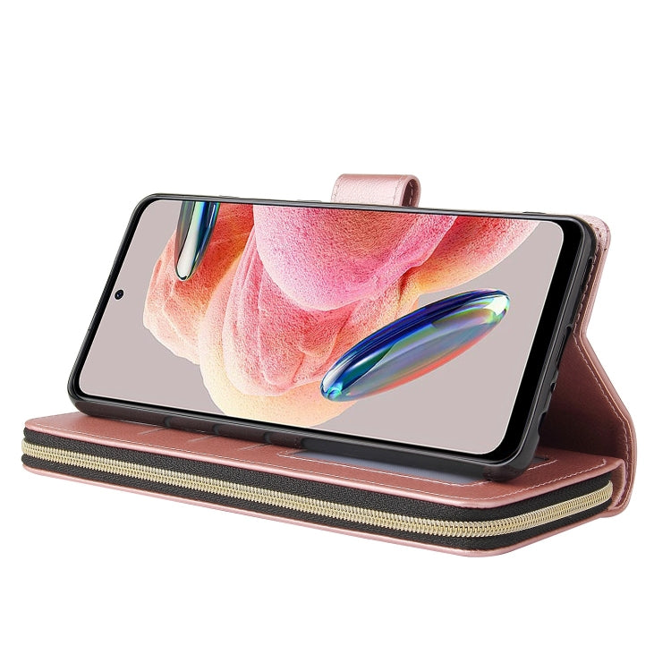 For Redmi Note 12 4G Global 9-Card Slots Zipper Wallet Bag Leather Phone Case