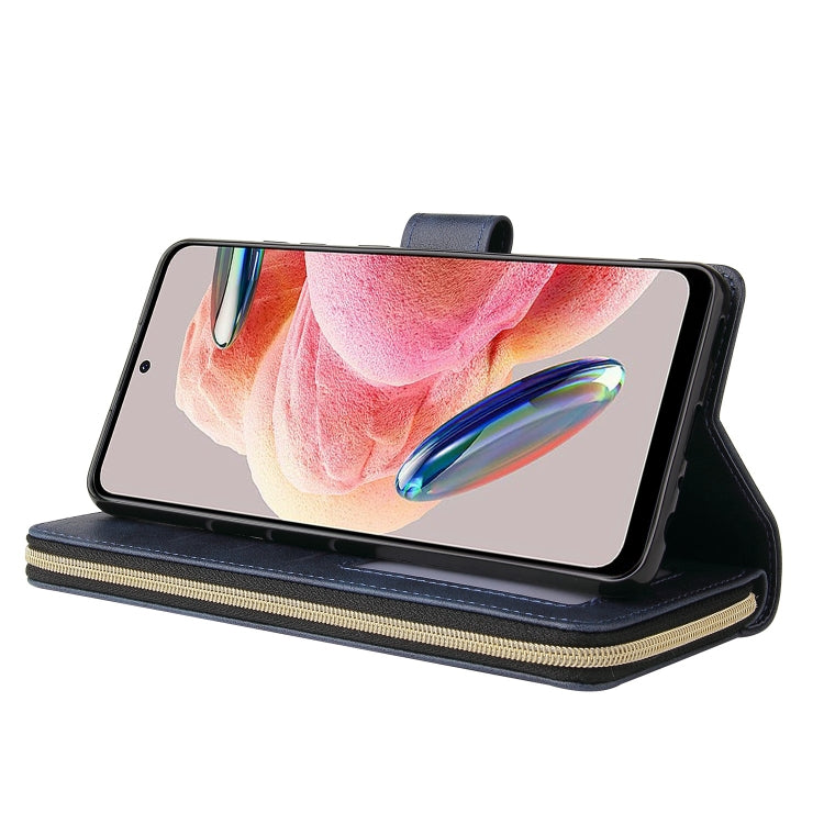For Redmi Note 12 4G Global 9-Card Slots Zipper Wallet Bag Leather Phone Case