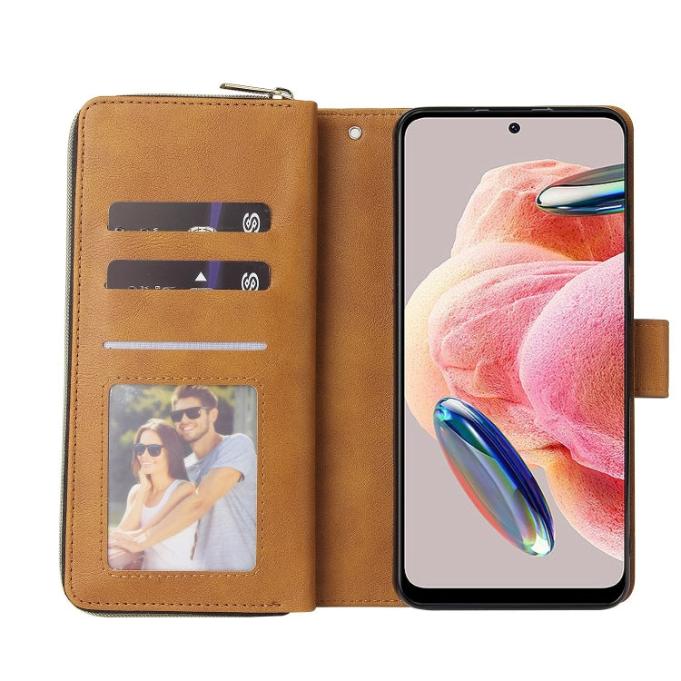 For Redmi Note 12 4G Global 9-Card Slots Zipper Wallet Bag Leather Phone Case