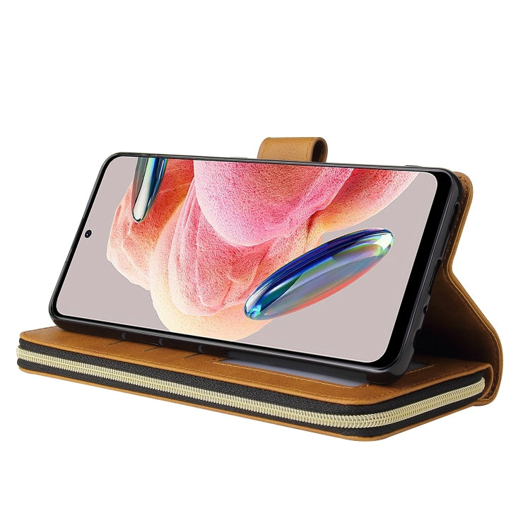 For Redmi Note 12 4G Global 9-Card Slots Zipper Wallet Bag Leather Phone Case