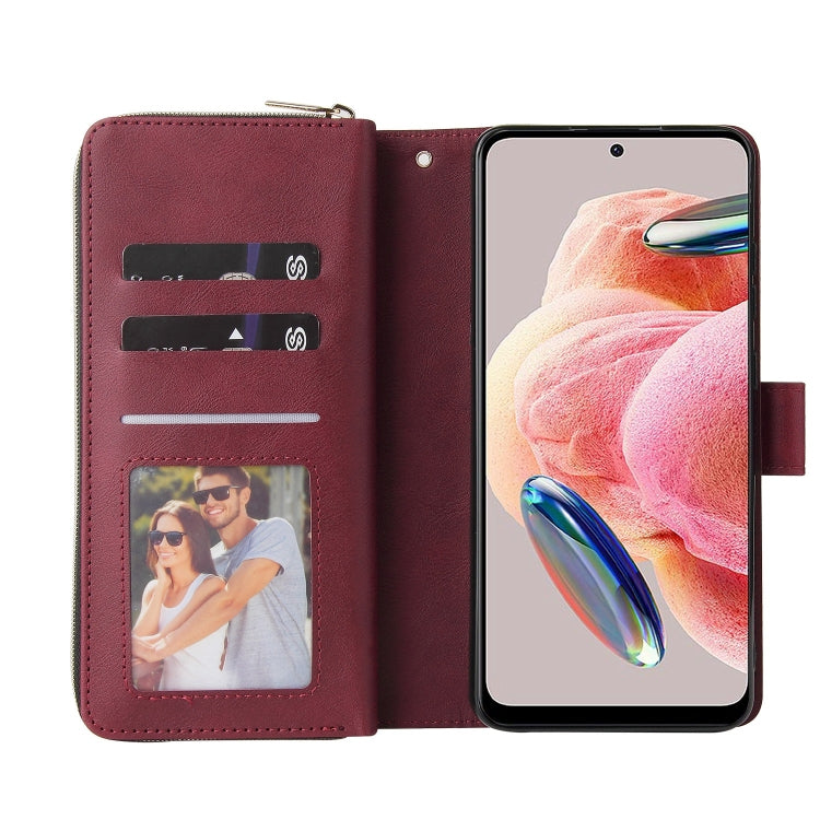 For Redmi Note 12 4G Global 9-Card Slots Zipper Wallet Bag Leather Phone Case