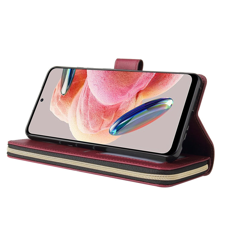 For Redmi Note 12 4G Global 9-Card Slots Zipper Wallet Bag Leather Phone Case
