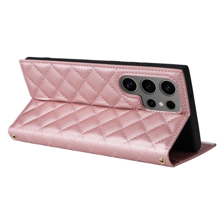 For Samsung Galaxy S25 Ultra 5G Crossbody Rhombic Sucker Leather Phone Case