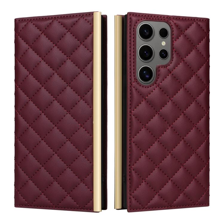 For Samsung Galaxy S25 Ultra 5G Crossbody Rhombic Sucker Leather Phone Case
