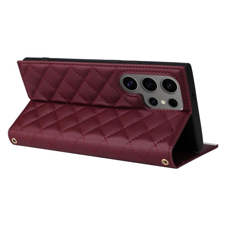 For Samsung Galaxy S25 Ultra 5G Crossbody Rhombic Sucker Leather Phone Case