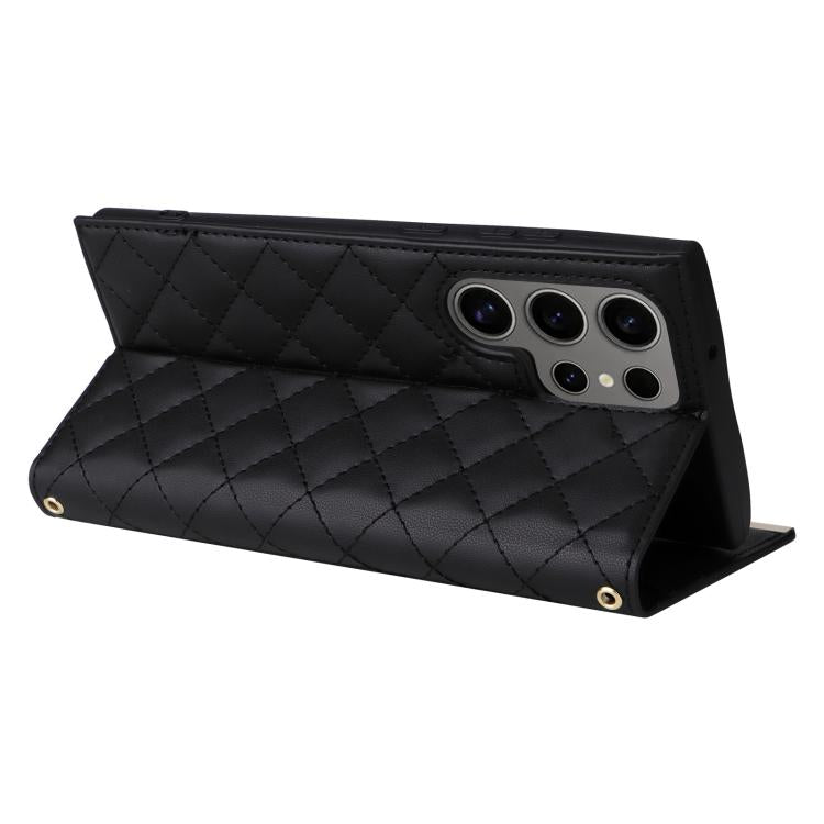 For Samsung Galaxy S25 Ultra 5G Crossbody Rhombic Sucker Leather Phone Case