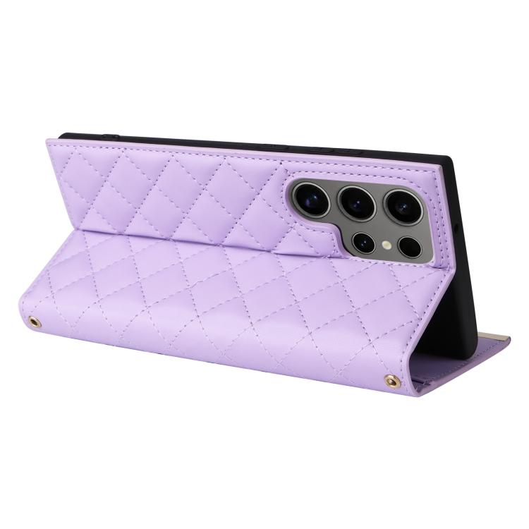 For Samsung Galaxy S25 Ultra 5G Crossbody Rhombic Sucker Leather Phone Case