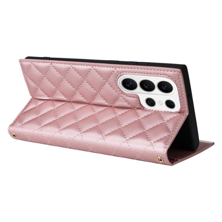 For Samsung Galaxy S26 Ultra 5G Crossbody Rhombic Sucker Leather Phone Case