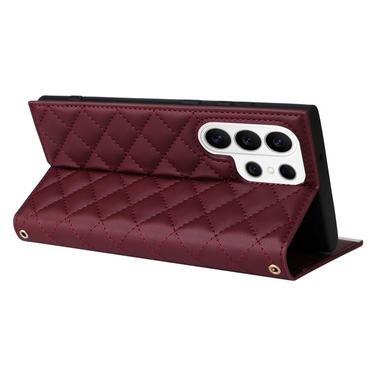 For Samsung Galaxy S26 Ultra 5G Crossbody Rhombic Sucker Leather Phone Case
