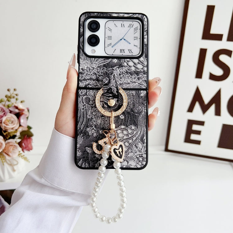 For Huawei nova Flip Embroidery Style Full Coverage Phone Case with Ring Bead Chain