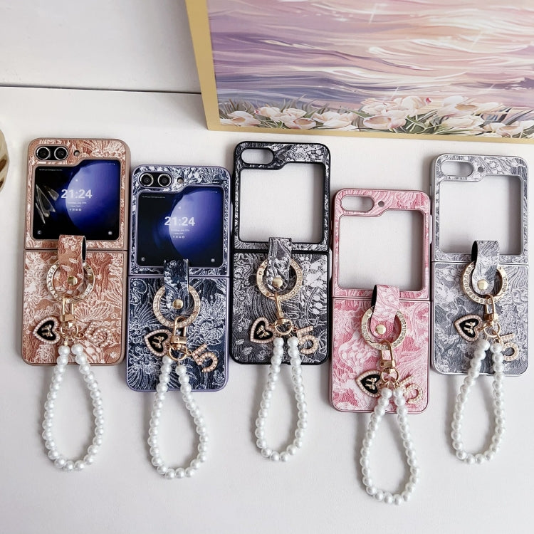 For Samsung Galaxy Z Flip6 / Flip7 FE Embroidery Style Full Coverage Phone Case with Ring Bead Chain