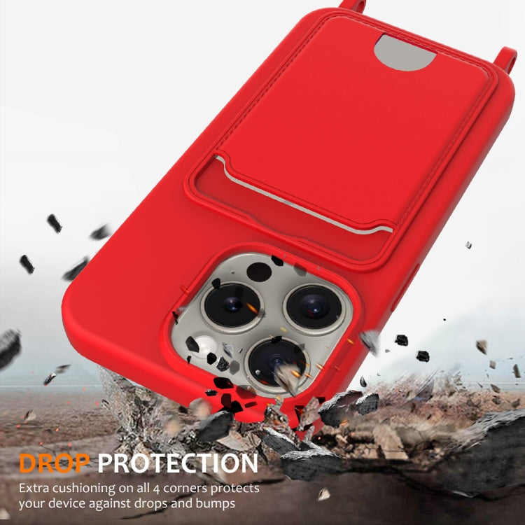 For iPhone 12 Pro Max Integrated Card Bag Solid Color Liquid Silicone Phone Case with Lanyard