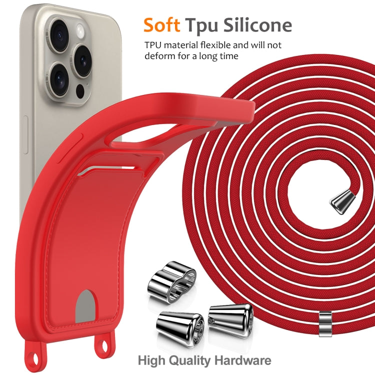 For iPhone 12 Pro Max Integrated Card Bag Solid Color Liquid Silicone Phone Case with Lanyard