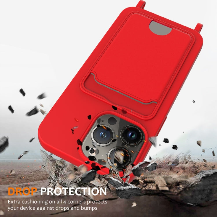 For iPhone 12 Pro Integrated Card Bag Solid Color Liquid Silicone Phone Case with Lanyard