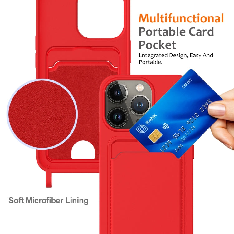 For iPhone 12 Pro Integrated Card Bag Solid Color Liquid Silicone Phone Case with Lanyard
