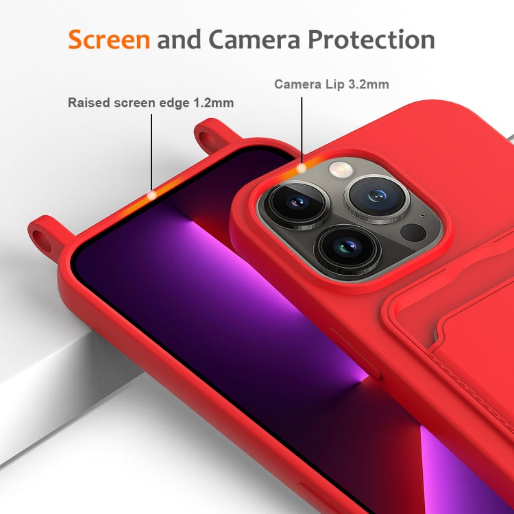 For iPhone 12 Pro Integrated Card Bag Solid Color Liquid Silicone Phone Case with Lanyard