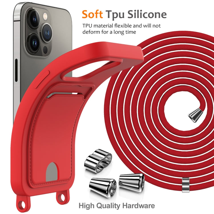 For iPhone 12 Pro Integrated Card Bag Solid Color Liquid Silicone Phone Case with Lanyard