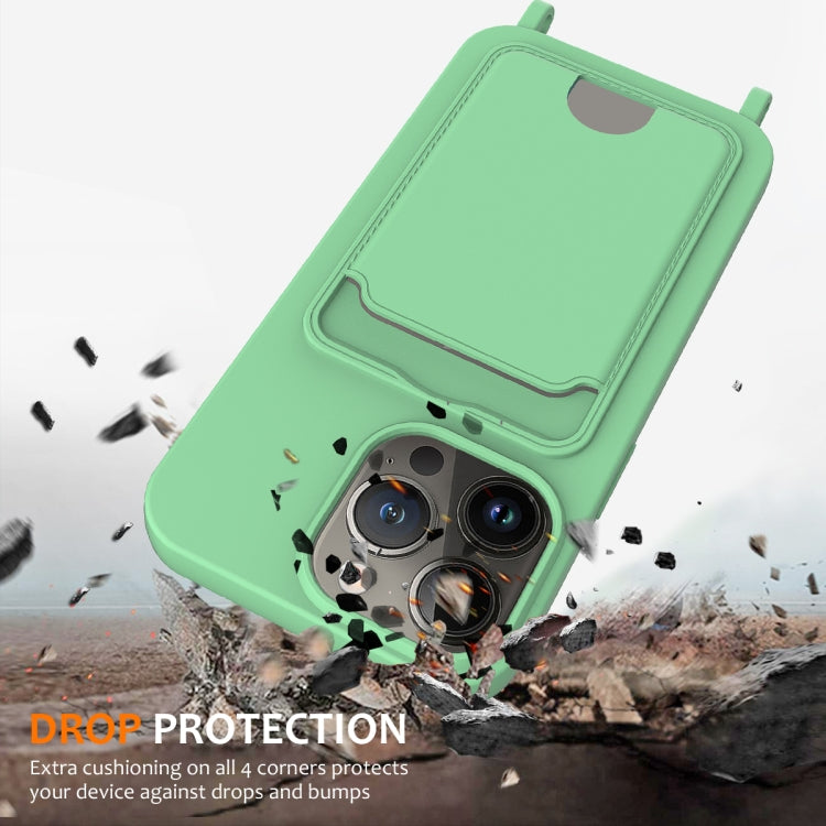 For iPhone 12 Pro Integrated Card Bag Solid Color Liquid Silicone Phone Case with Lanyard