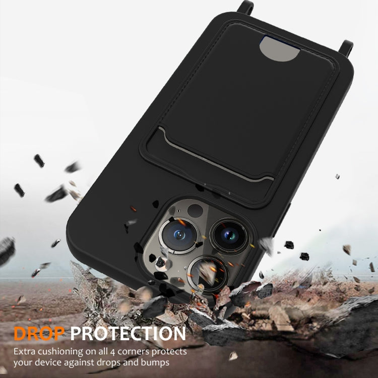For iPhone 12 Pro Integrated Card Bag Solid Color Liquid Silicone Phone Case with Lanyard