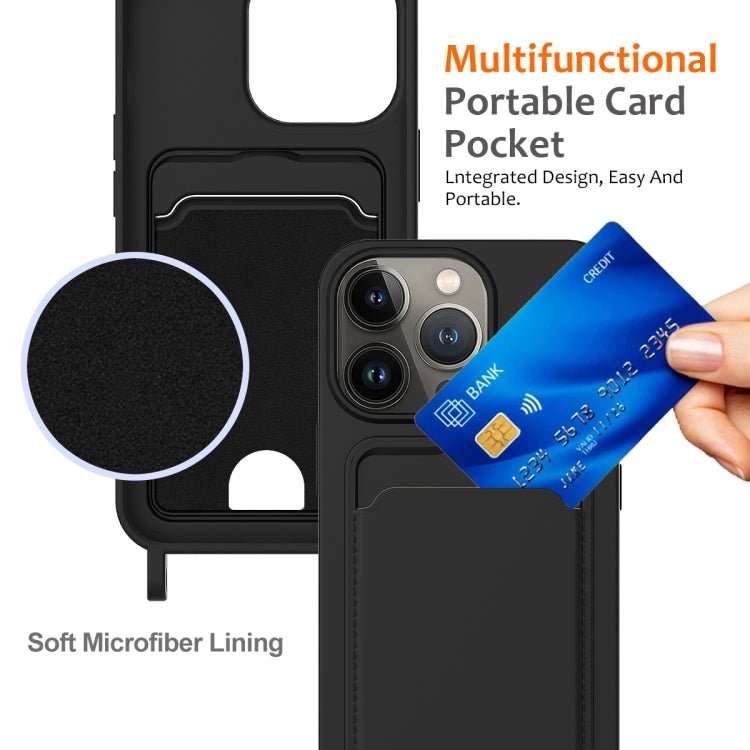 For iPhone 12 Pro Integrated Card Bag Solid Color Liquid Silicone Phone Case with Lanyard