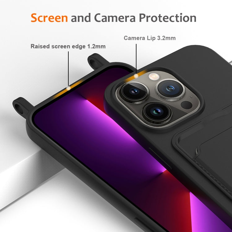 For iPhone 12 Pro Integrated Card Bag Solid Color Liquid Silicone Phone Case with Lanyard