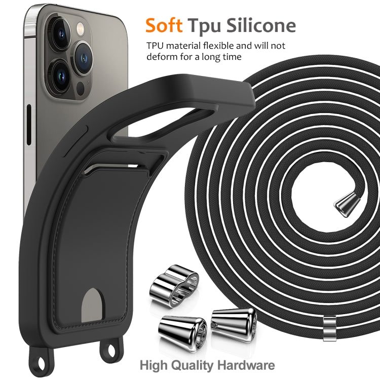 For iPhone 12 Pro Integrated Card Bag Solid Color Liquid Silicone Phone Case with Lanyard