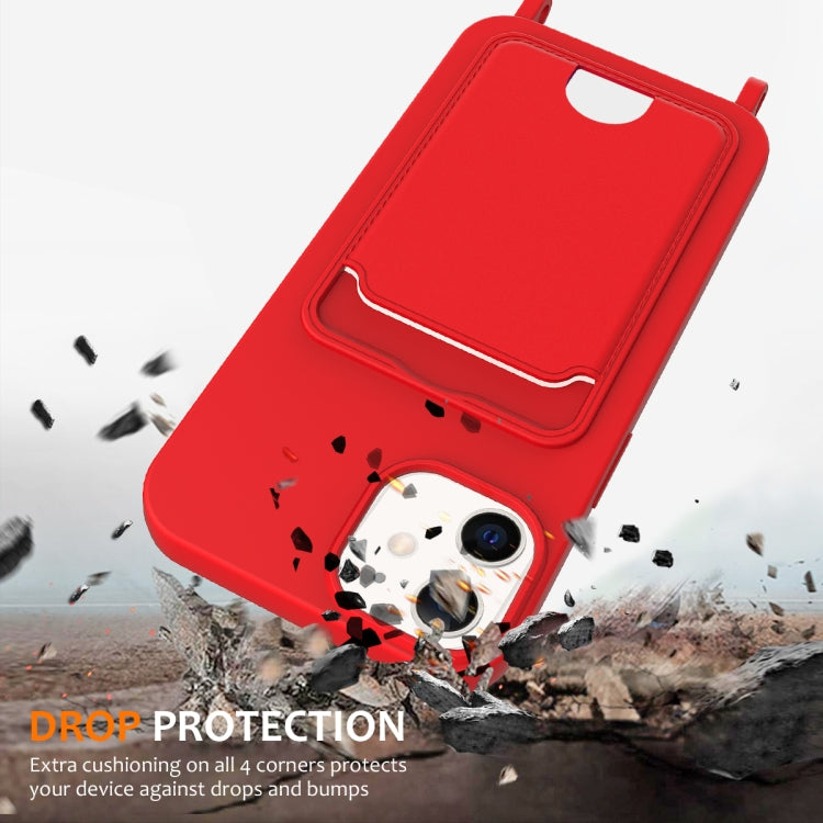 For iPhone 12 Integrated Card Bag Solid Color Liquid Silicone Phone Case with Lanyard