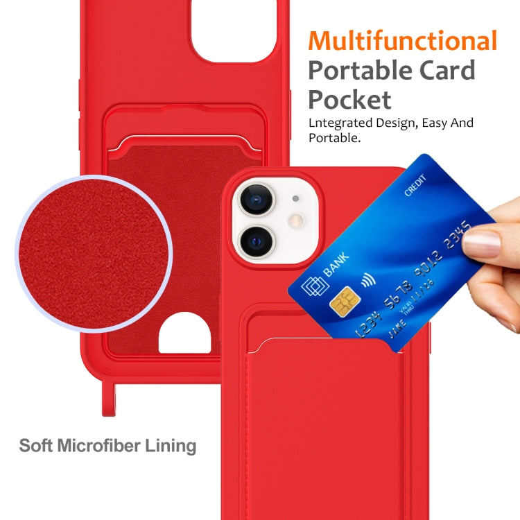 For iPhone 12 Integrated Card Bag Solid Color Liquid Silicone Phone Case with Lanyard
