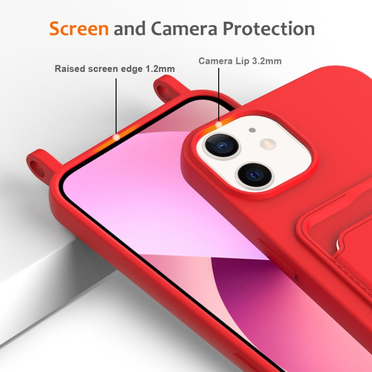 For iPhone 12 Integrated Card Bag Solid Color Liquid Silicone Phone Case with Lanyard