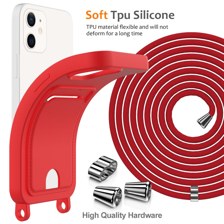 For iPhone 12 Integrated Card Bag Solid Color Liquid Silicone Phone Case with Lanyard