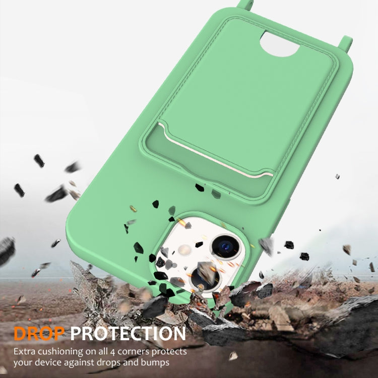 For iPhone 12 Integrated Card Bag Solid Color Liquid Silicone Phone Case with Lanyard
