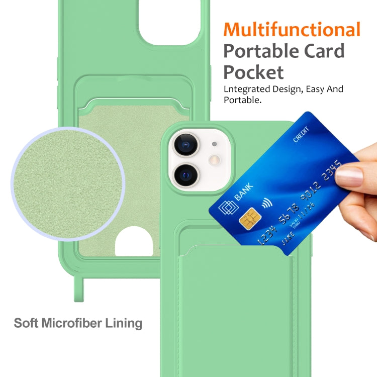For iPhone 12 Integrated Card Bag Solid Color Liquid Silicone Phone Case with Lanyard