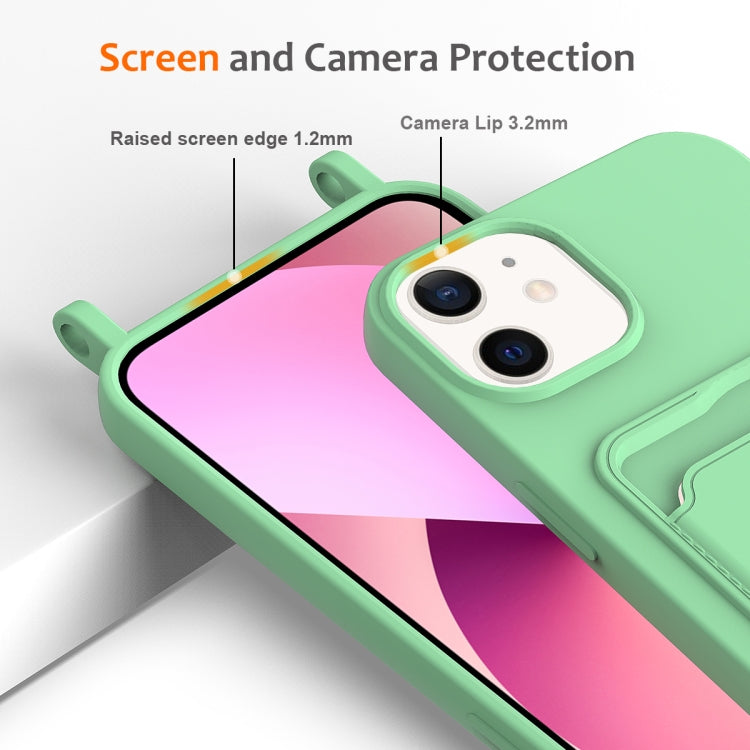 For iPhone 12 Integrated Card Bag Solid Color Liquid Silicone Phone Case with Lanyard